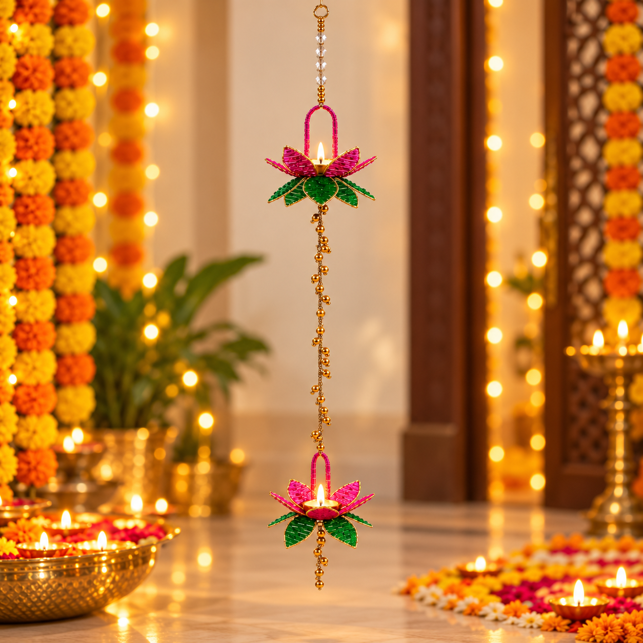 Hanging Twin Lotus Diya Ornament